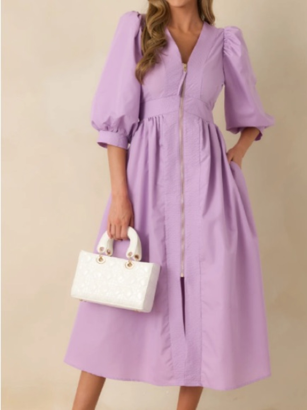 Red Dress Boutique Lavender Puff Sleeve Midi with Front Zip